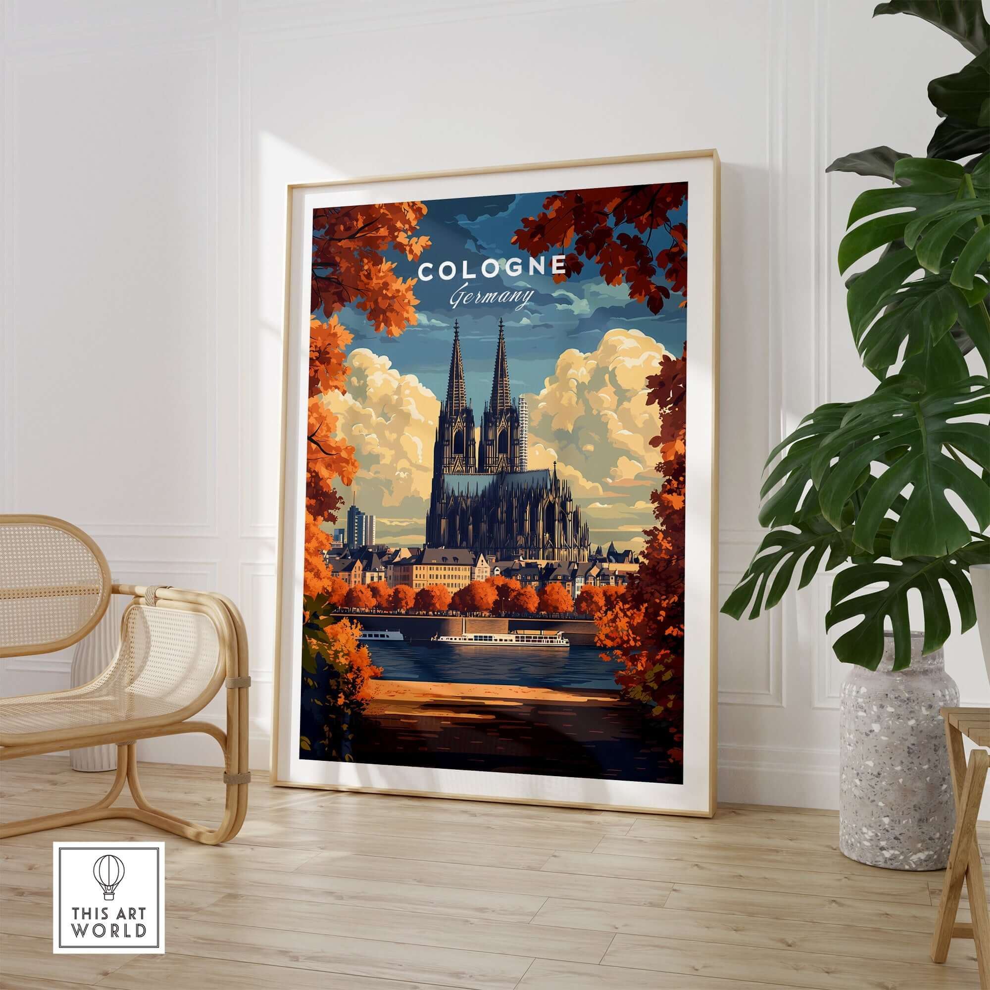 Cologne Travel Print featuring the iconic Cologne Cathedral in a vibrant autumn setting.