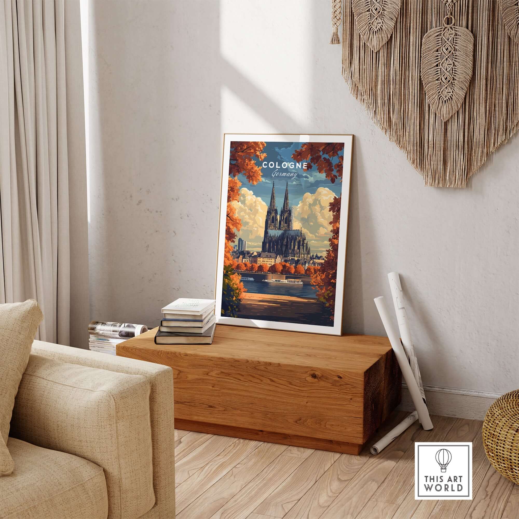 Cologne Travel Print showcasing the iconic Cologne Cathedral in a vibrant autumn setting.