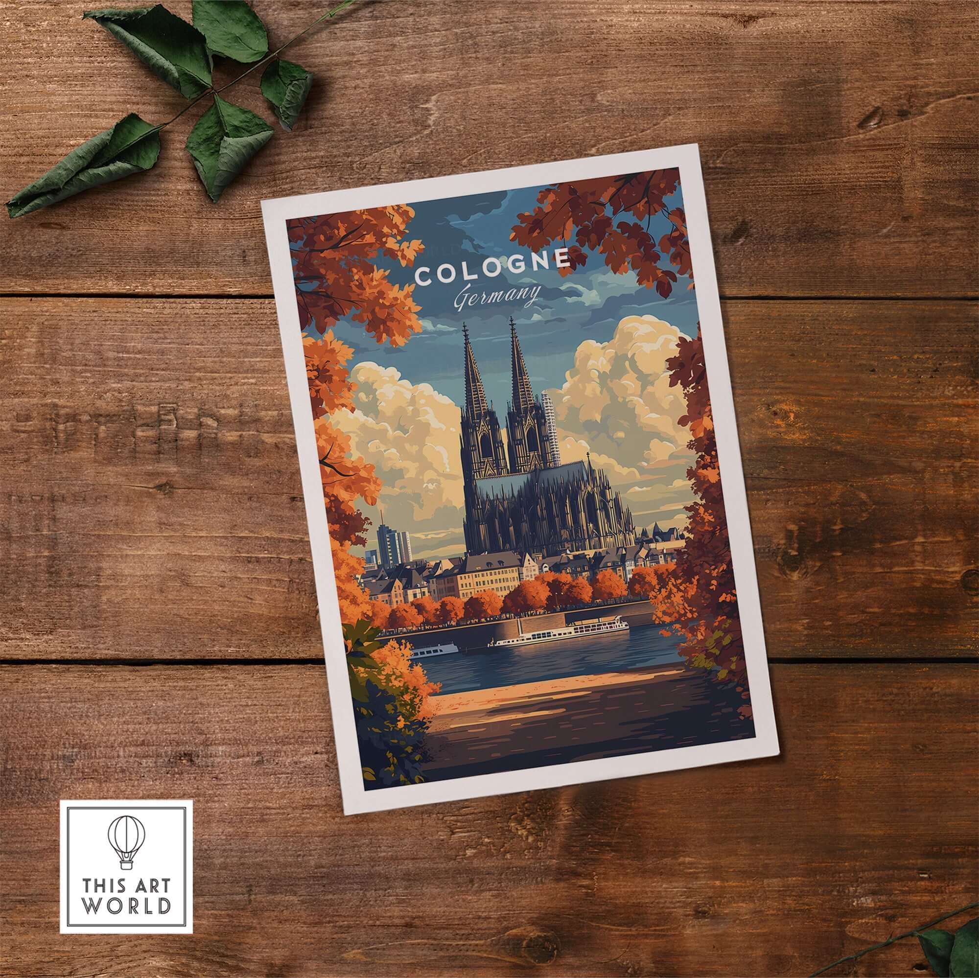 Cologne Travel Print showcasing the Cologne Cathedral with vibrant autumn colors and scenic river view.