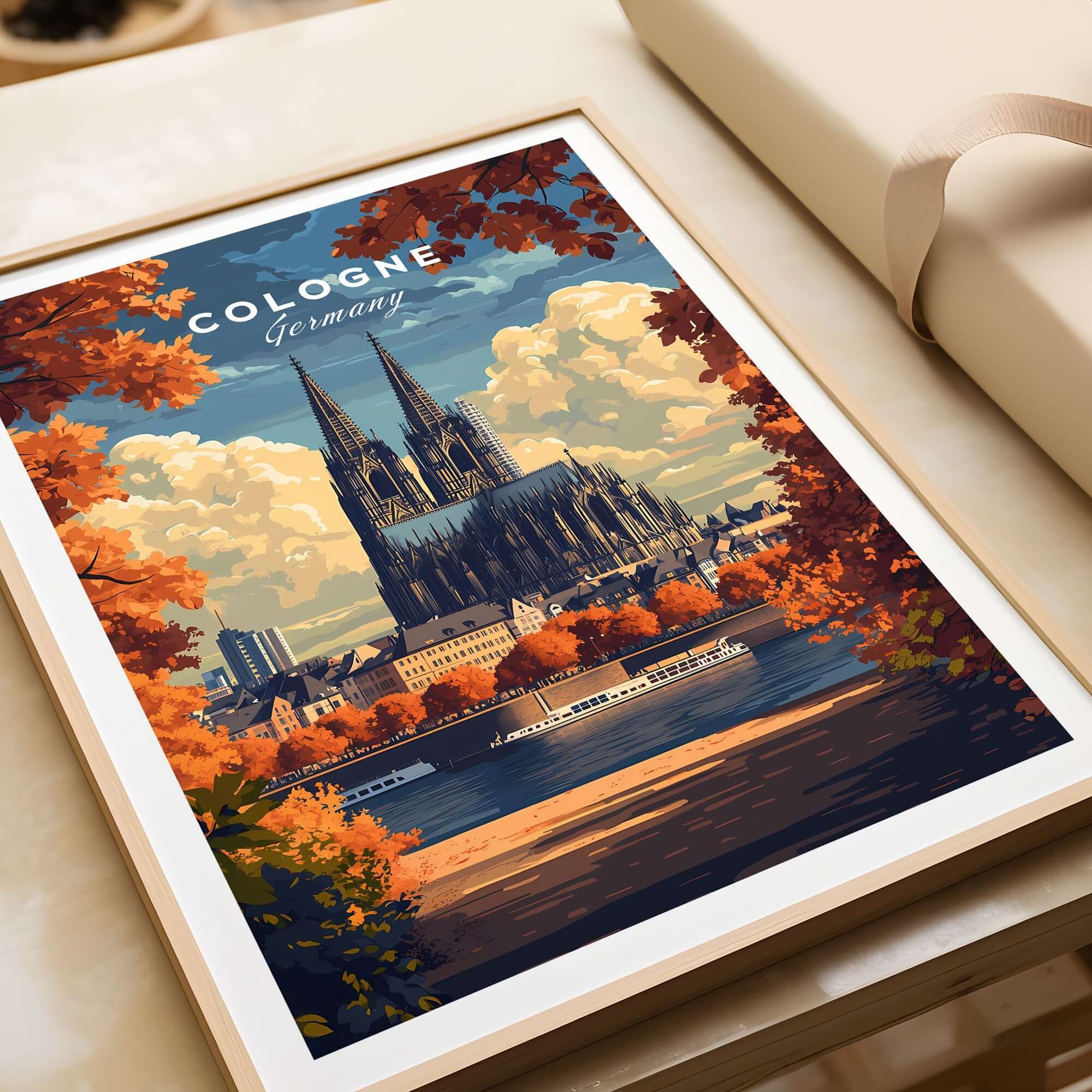 Cologne Travel Print showcasing Cologne Cathedral in autumn colors with vibrant clouds in the background.