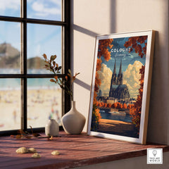 Cologne Travel Print featuring the iconic Cologne Cathedral surrounded by autumn leaves and a view of the beach.