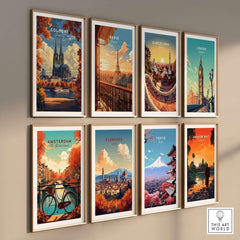 Cologne Travel Print collection displayed on a wall, showcasing beautiful cityscapes, including Cologne Cathedral.