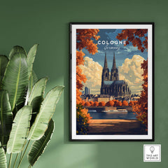 Cologne Travel Print showcasing the iconic Cologne Cathedral with vibrant autumn leaves and scenic river view.