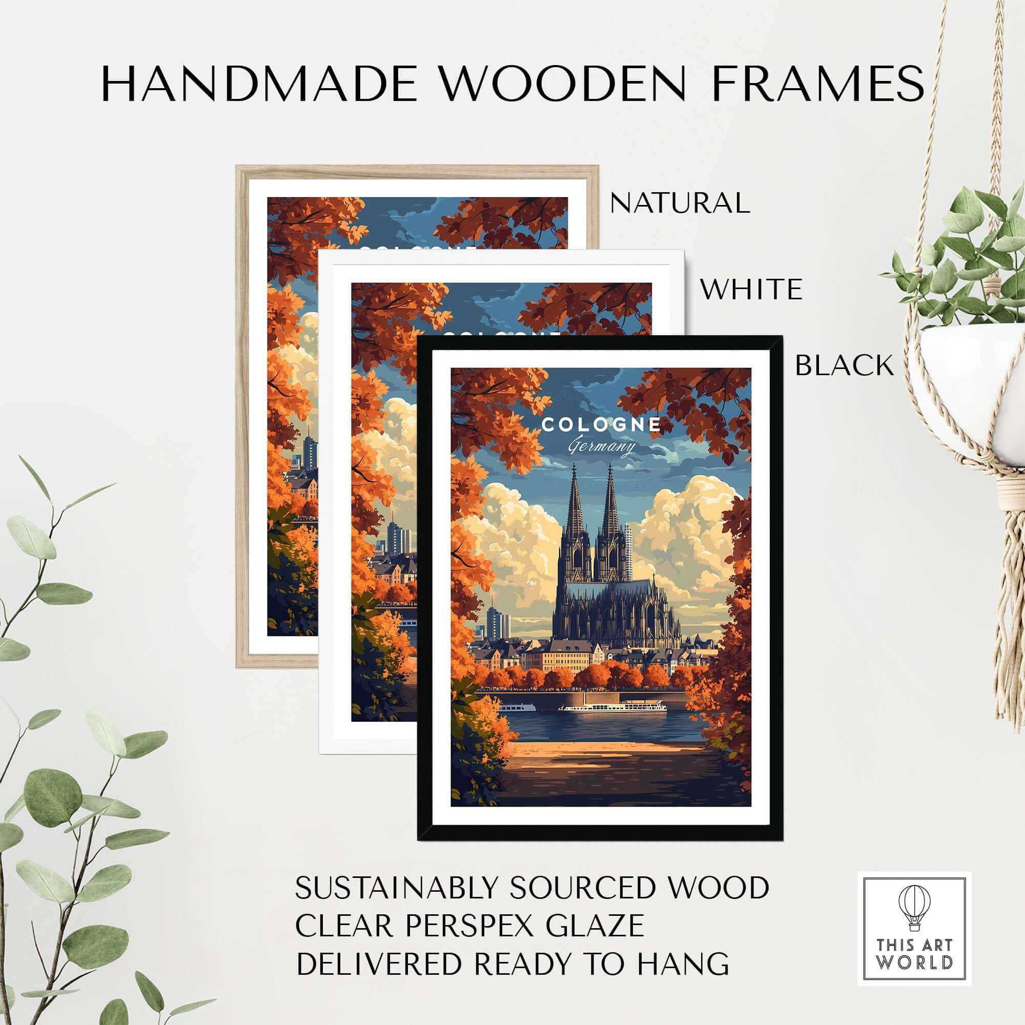Cologne Travel Print framed in handmade wooden frames in natural, white, and black finishes.