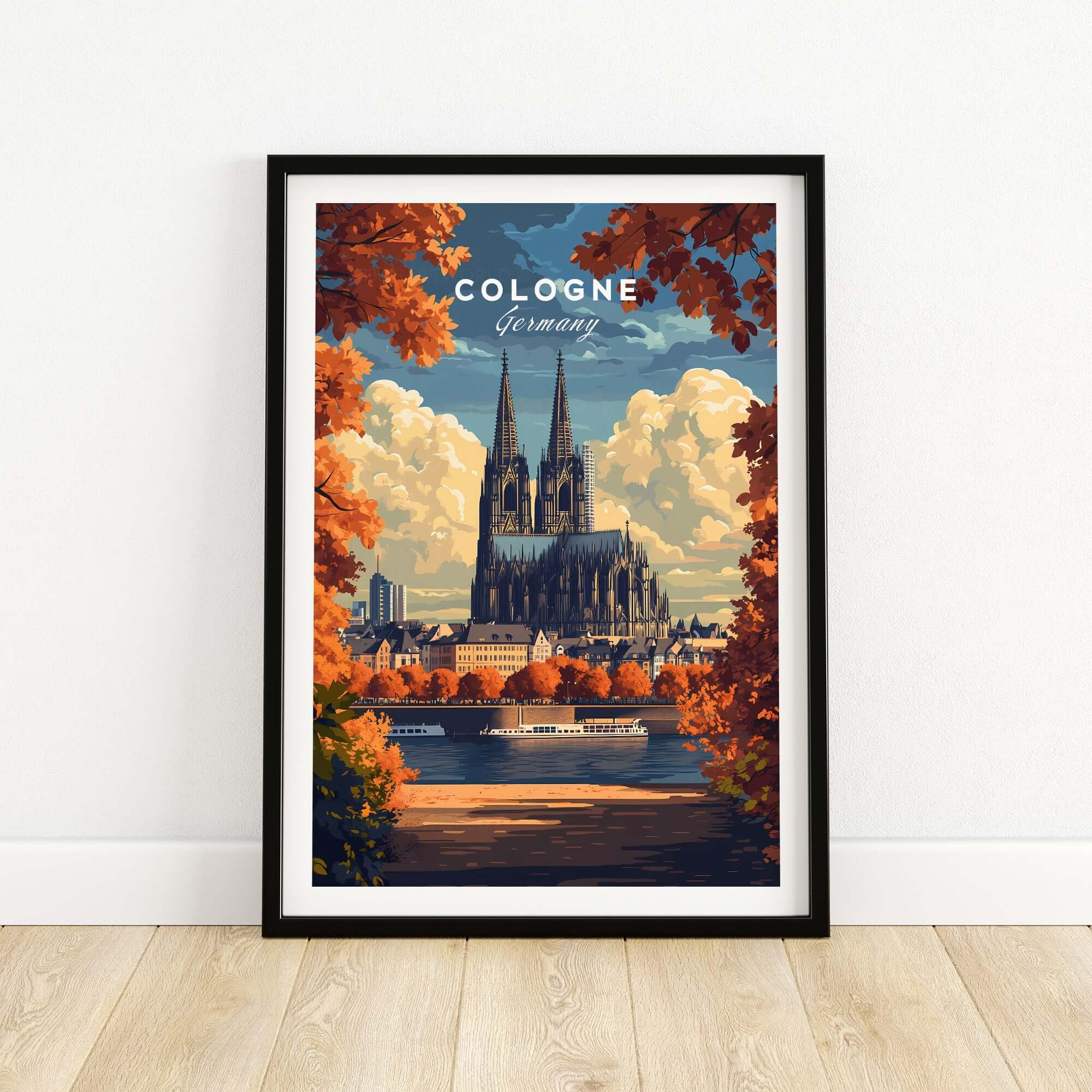 Cologne Travel Print showcasing the iconic Cologne Cathedral in autumn colors, perfect for travel enthusiasts.