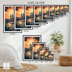 Cologne Wall Art size guide showcasing various print dimensions and vibrant sunset design.