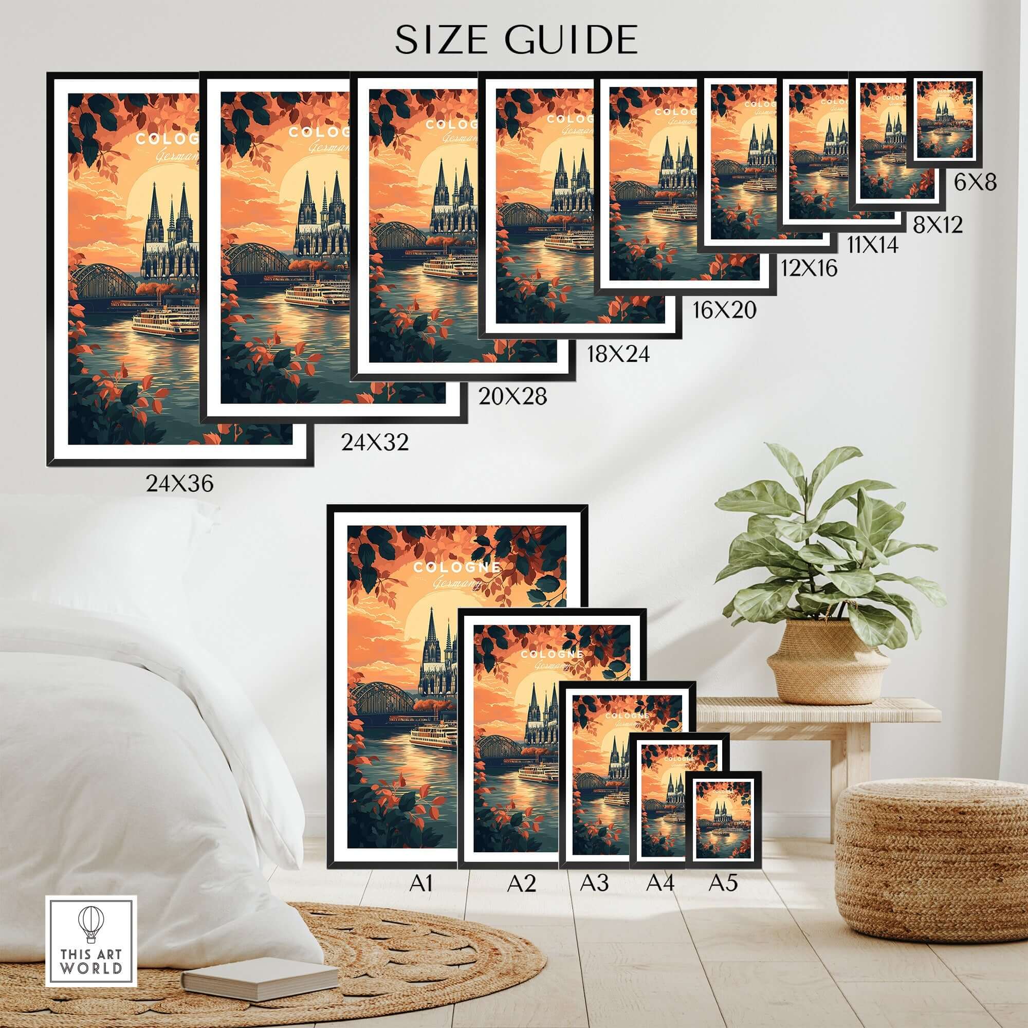 Cologne Wall Art size guide showcasing various print dimensions and vibrant sunset design.