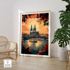 Cologne Wall Art featuring a sunset over a cityscape with the Cologne cathedral and a boat on the river.
