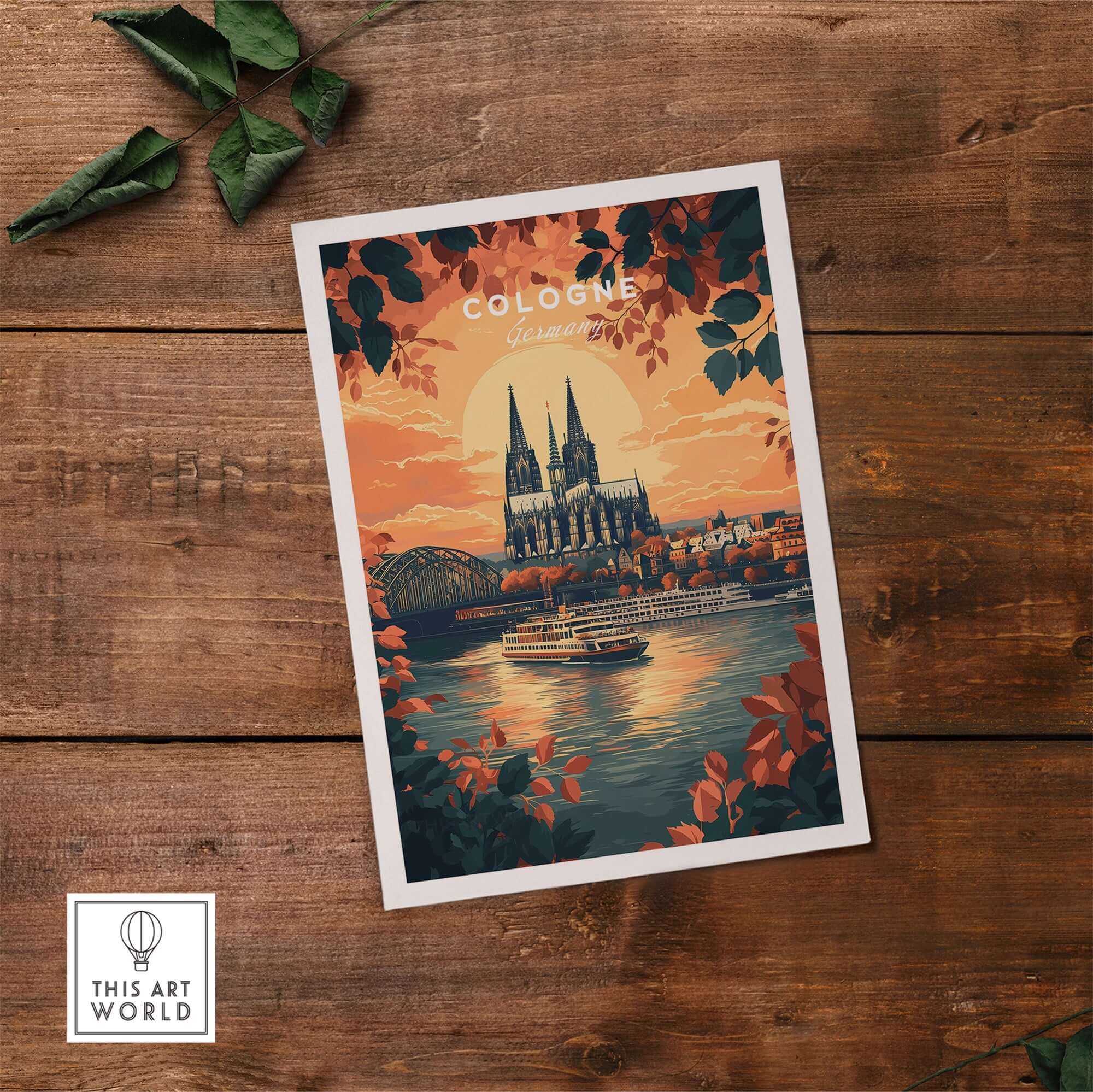 Cologne Wall Art featuring a vibrant sunset over the city with a boat on the river.