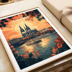 Cologne Wall Art featuring a vibrant sunset over the Cologne skyline and river, perfect for home decor.