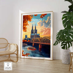 Cologne Wall Art Poster featuring the iconic Cologne Cathedral and river bridge in vibrant colors.