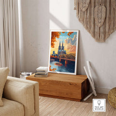 Cologne Wall Art Poster showcasing the iconic Cologne Cathedral and bridge in a vibrant, colorful design.