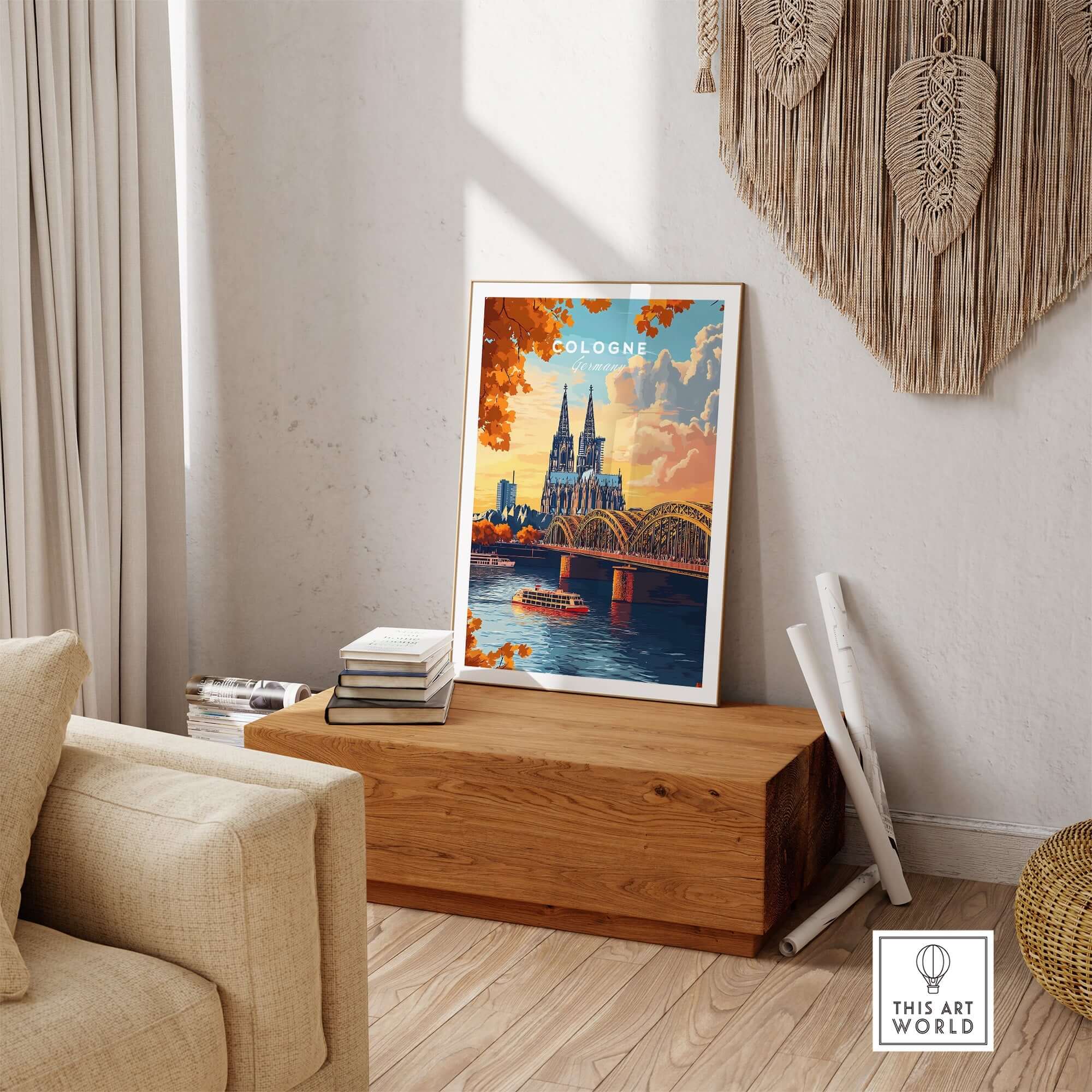 Cologne Wall Art Poster showcasing the iconic Cologne Cathedral and bridge in a vibrant, colorful design.