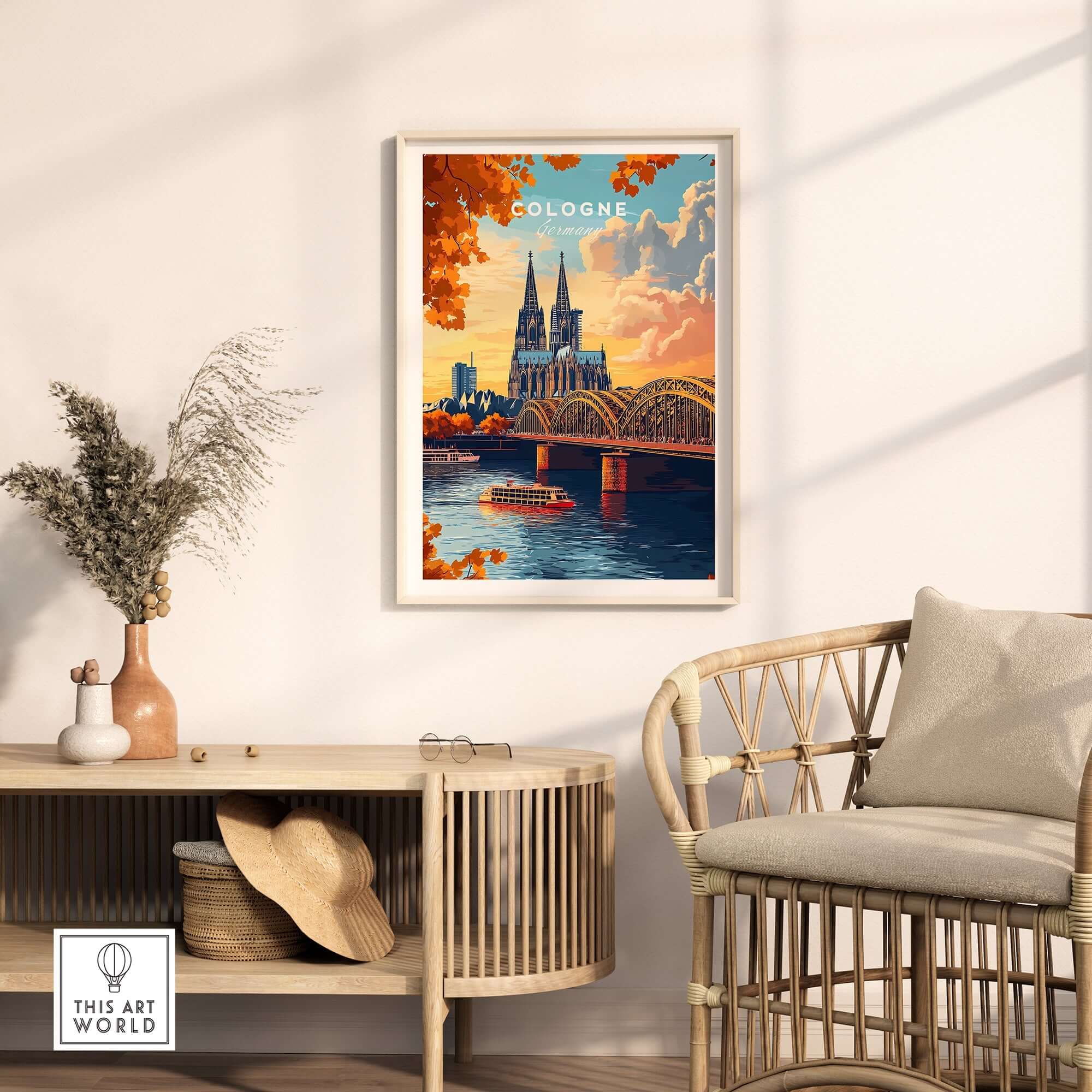 Cologne Wall Art Poster featuring the iconic city skyline and river view, perfect for inspiring wanderlust.