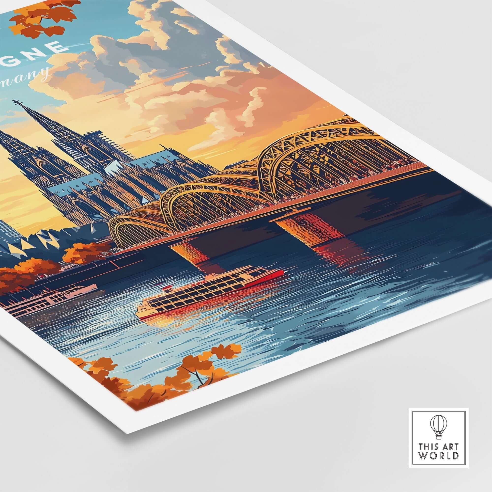 Cologne Wall Art Poster showcasing Cologne Cathedral and bridge over the Rhine River in vibrant colors.
