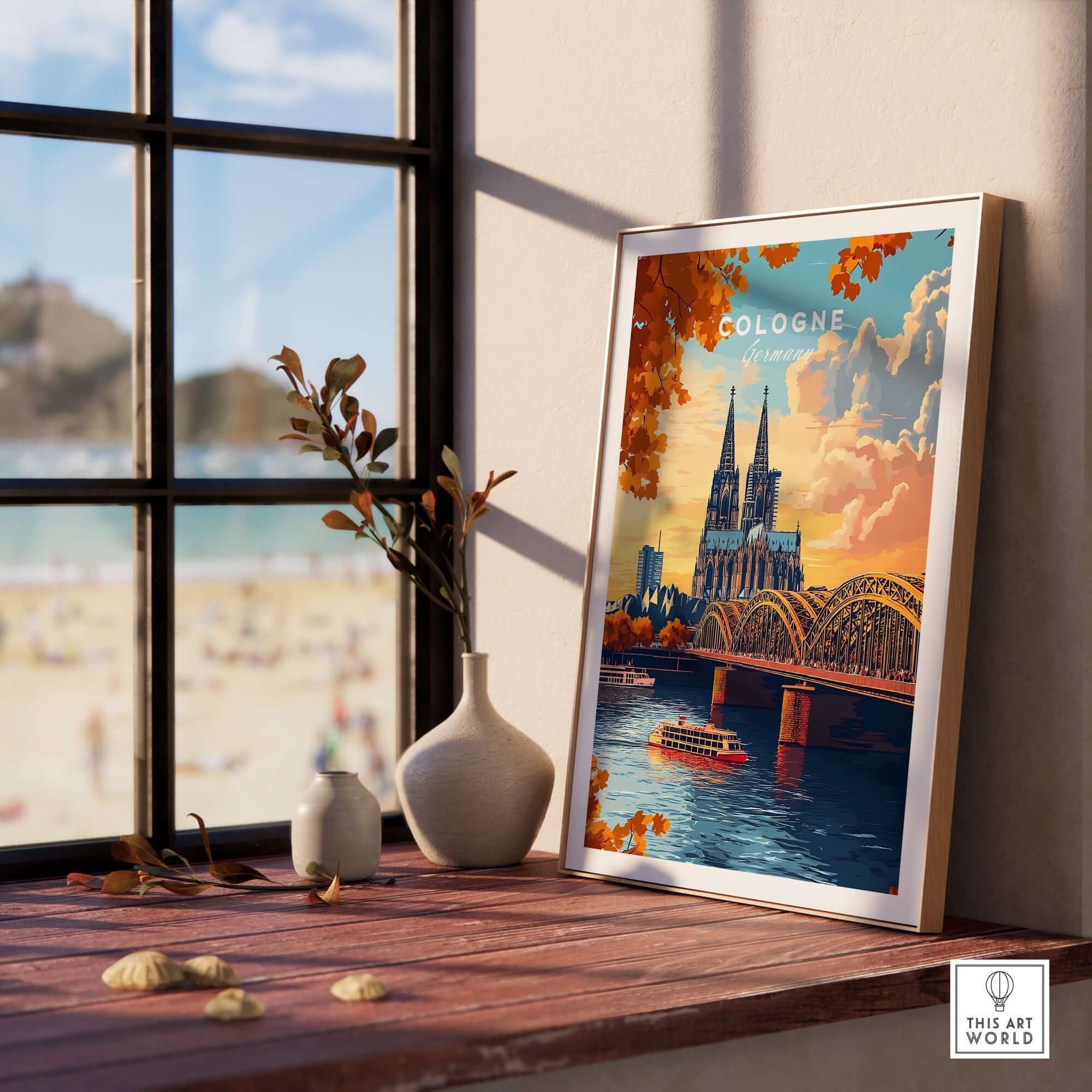 Cologne Wall Art Poster showcasing the iconic Cologne Cathedral and bridge with autumn colors.