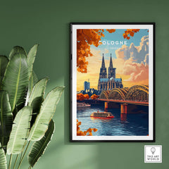 Cologne Wall Art Poster featuring the iconic Cologne Cathedral and vibrant sunset over the river.