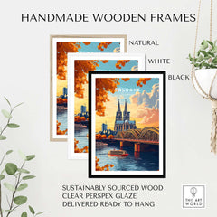 Cologne Wall Art Poster displayed in handmade wooden frames in natural, white, and black colors.