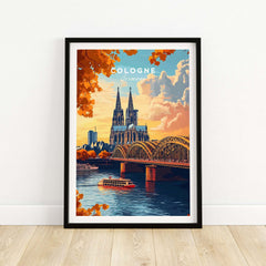 Cologne Wall Art Poster showcasing the iconic Cologne Cathedral and bridge over the river, ideal for home decor.