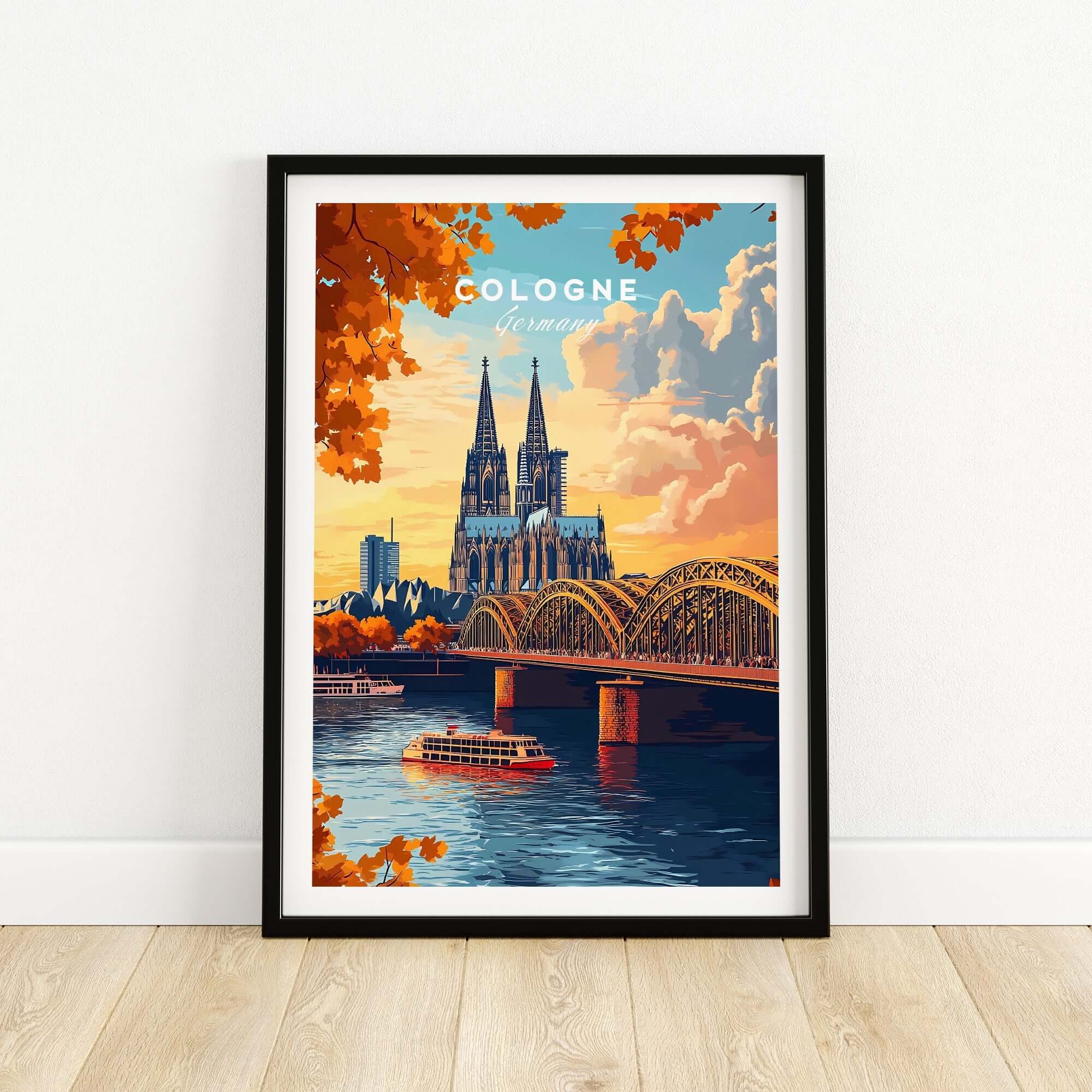 Cologne Wall Art Poster showcasing the iconic Cologne Cathedral and bridge over the river, ideal for home decor.