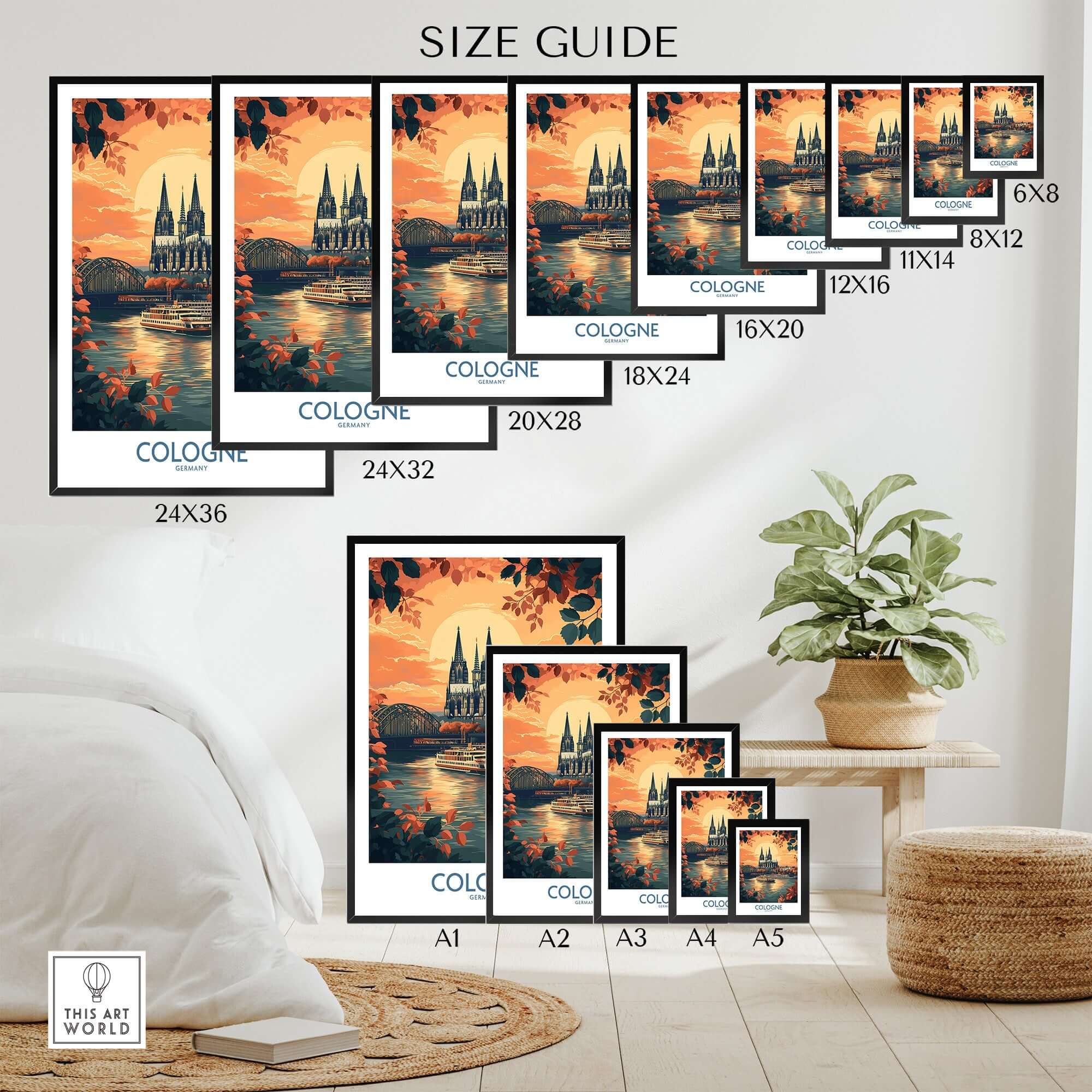 Cologne Wall Art Print size guide showcasing different dimensions for decorating with the Cologne Wall Art Print.