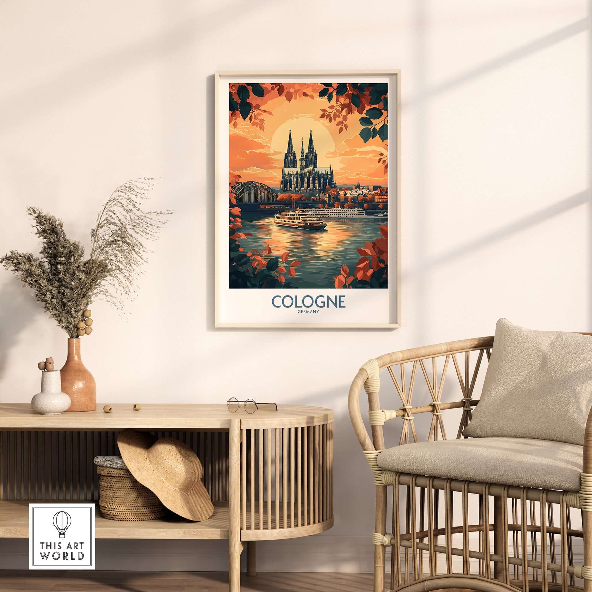 Cologne Wall Art Print featuring a stunning view of the Cologne Cathedral with a river scene.