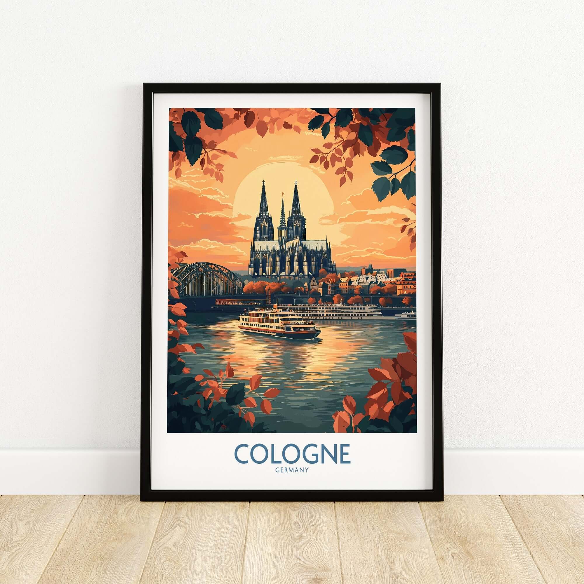Cologne Wall Art Print featuring a stunning illustration of Cologne skyline at sunset.