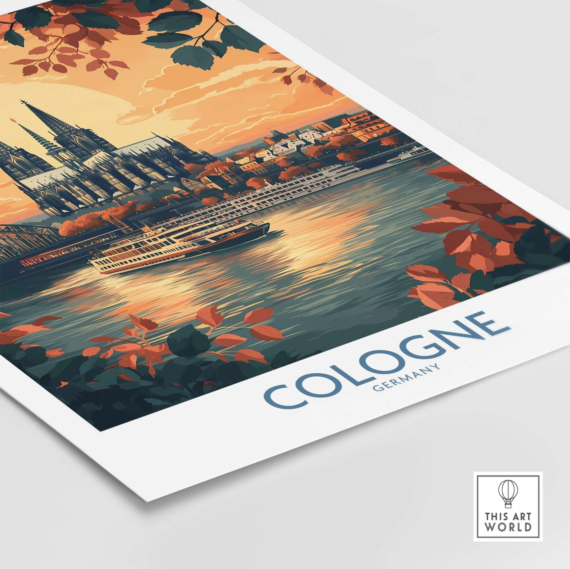 Cologne Wall Art Print featuring the iconic Cologne Cathedral and serene river scene, showcasing the beauty of Germany.