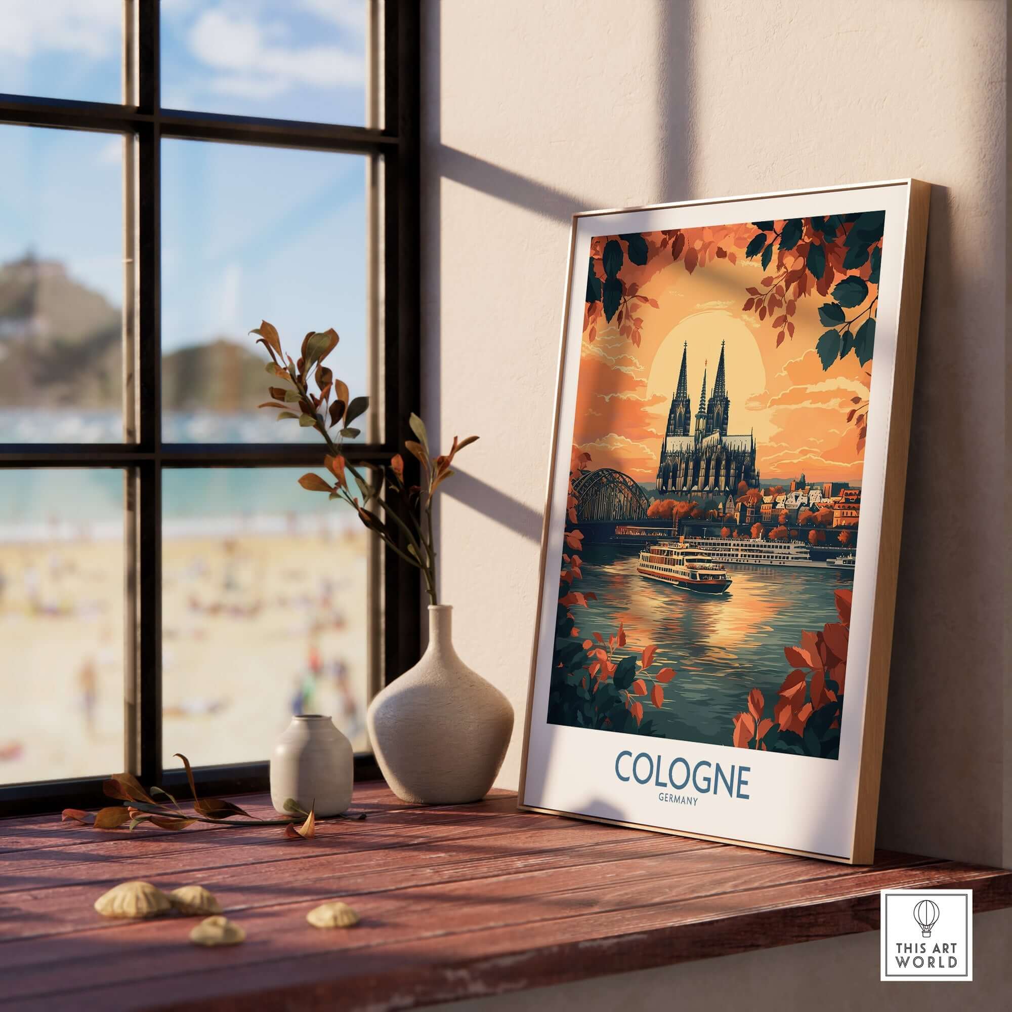 Cologne Wall Art Print displayed on a sunny windowsill, showcasing the beauty of Cologne, Germany.