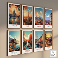 Cologne Wall Art Print and other city prints displayed on a wall, showcasing iconic landmarks in vibrant colors.