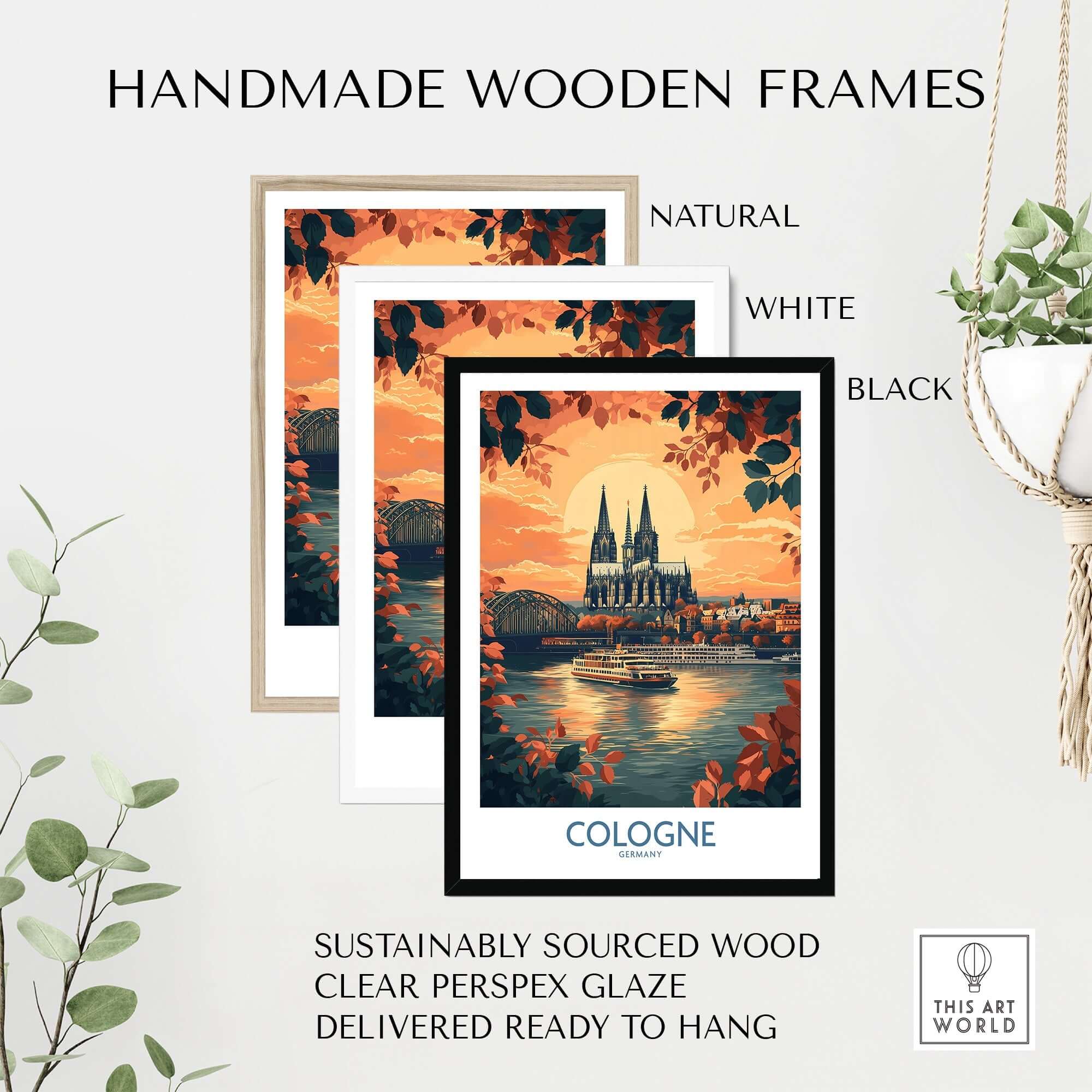 Cologne Wall Art Print featuring handmade wooden frames in natural, white, and black options, ready to hang.