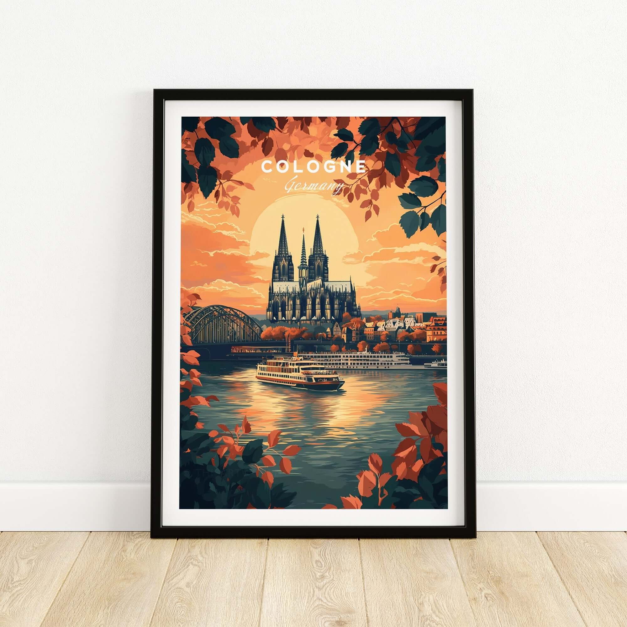 Cologne Wall Art featuring a vibrant sunset and cityscape of Cologne, Germany, adding elegance to home decor.