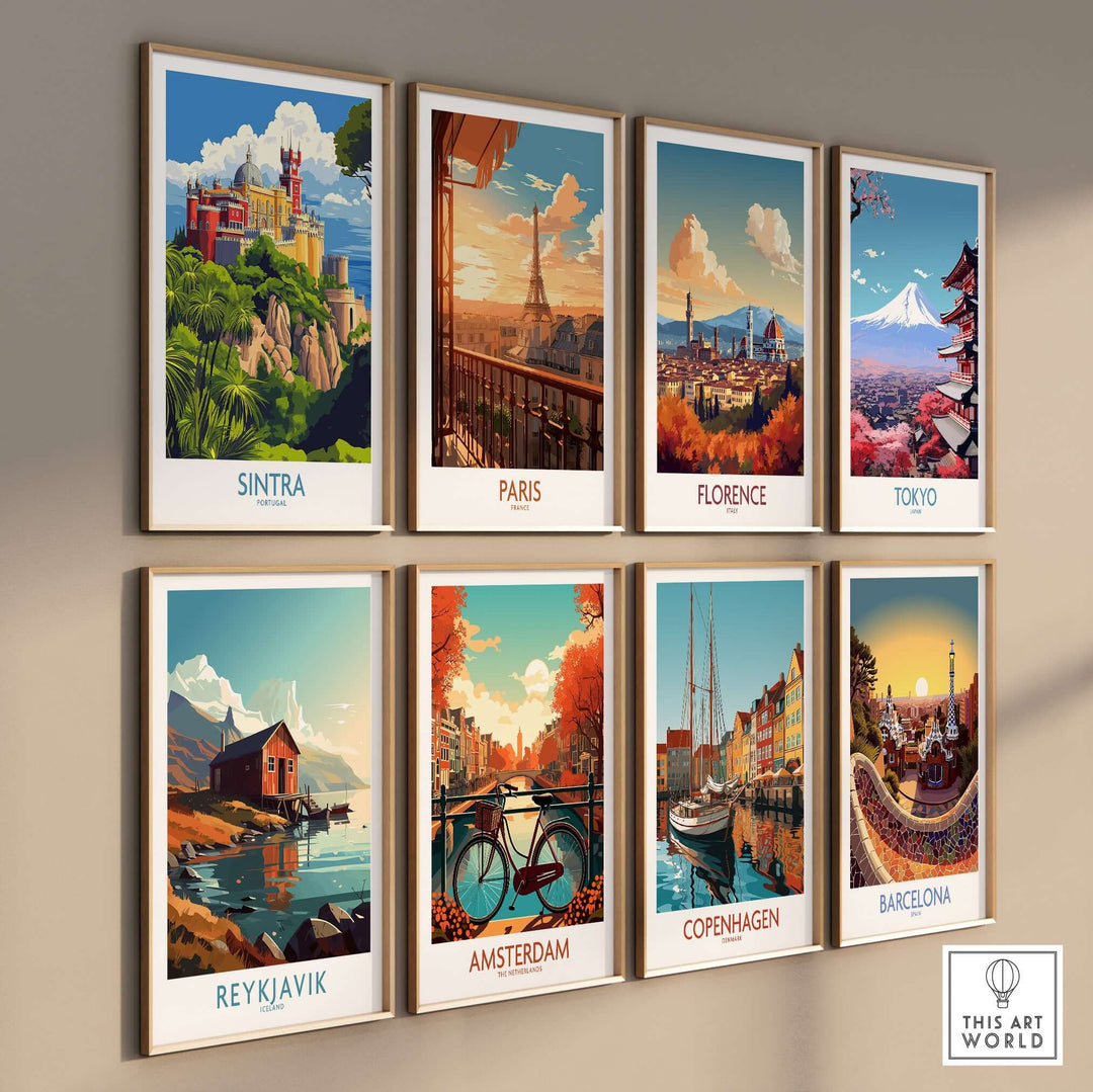 Sintra Portugal Pena Palace Art Print | Colorful Castle Poster displayed in a wall collage with famous city artworks.