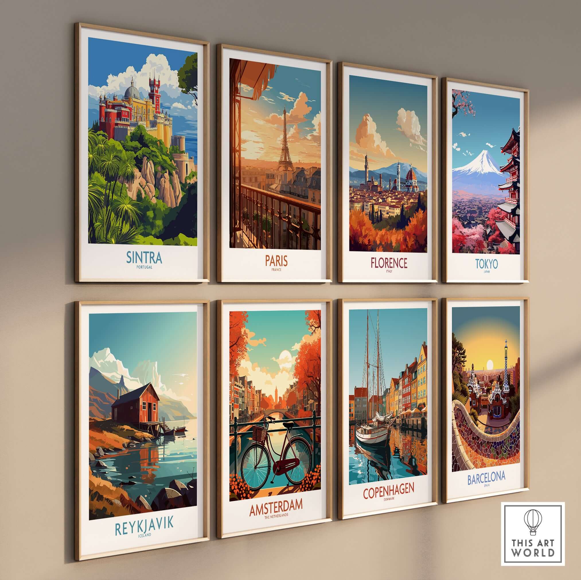 Sintra Portugal Pena Palace Art Print | Colorful Castle Poster displayed among travel-themed posters on a wall.