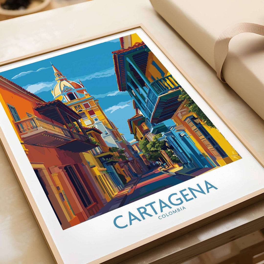 Cartagena Colombia Colorful Street Art Print | Tropical City Poster framed on a table showcasing vibrant architecture in Cartagena.