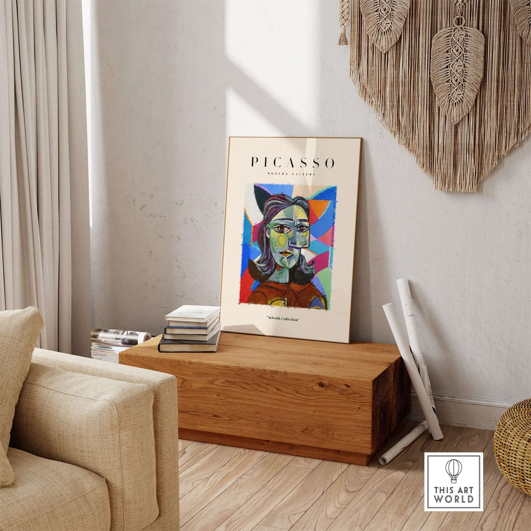 Colorful Picasso-inspired abstract portrait poster in modern gallery setting, showcasing vibrant hues and Cubist style.