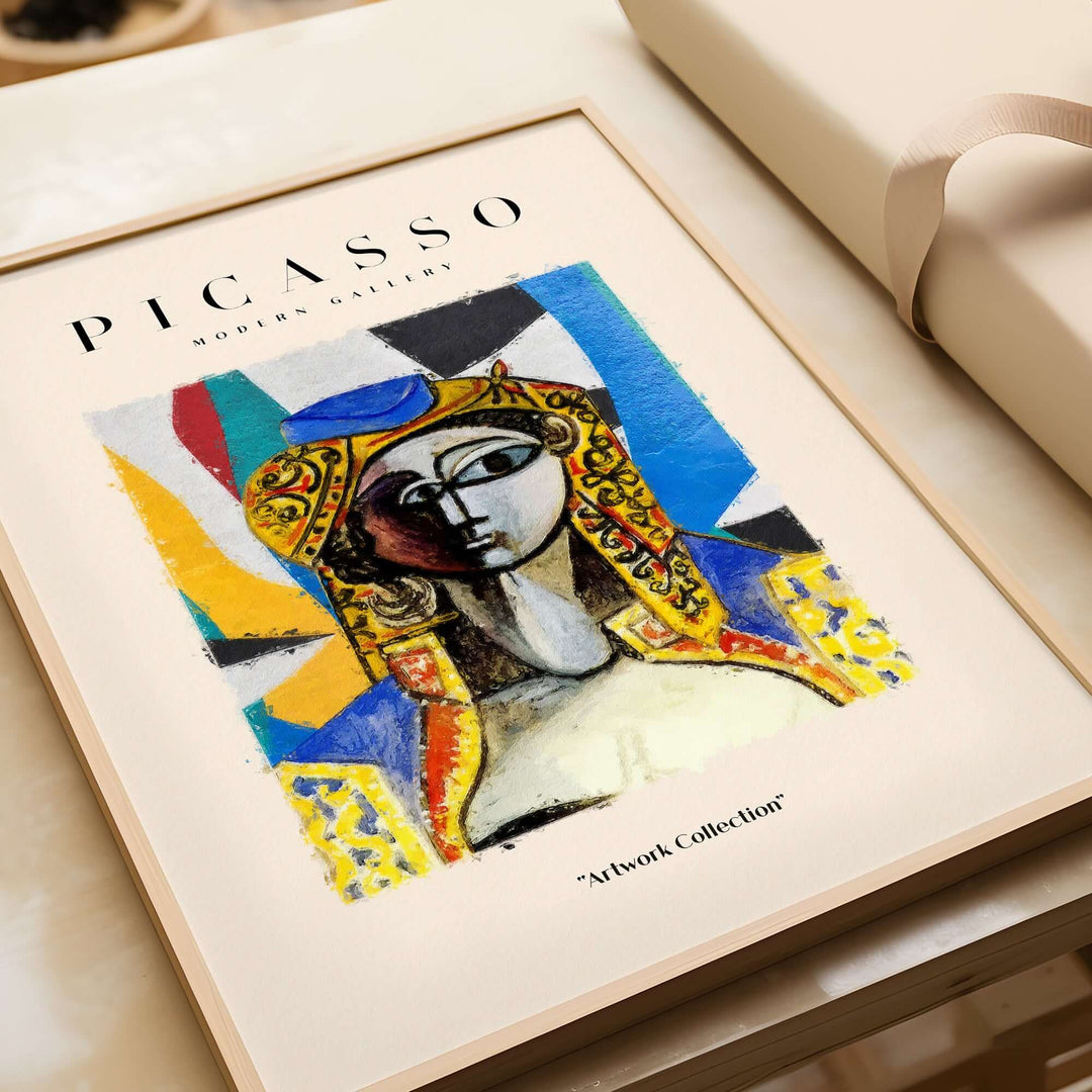Colorful Picasso abstract face portrait poster with geometric background and ornate headdress from Modern Gallery.