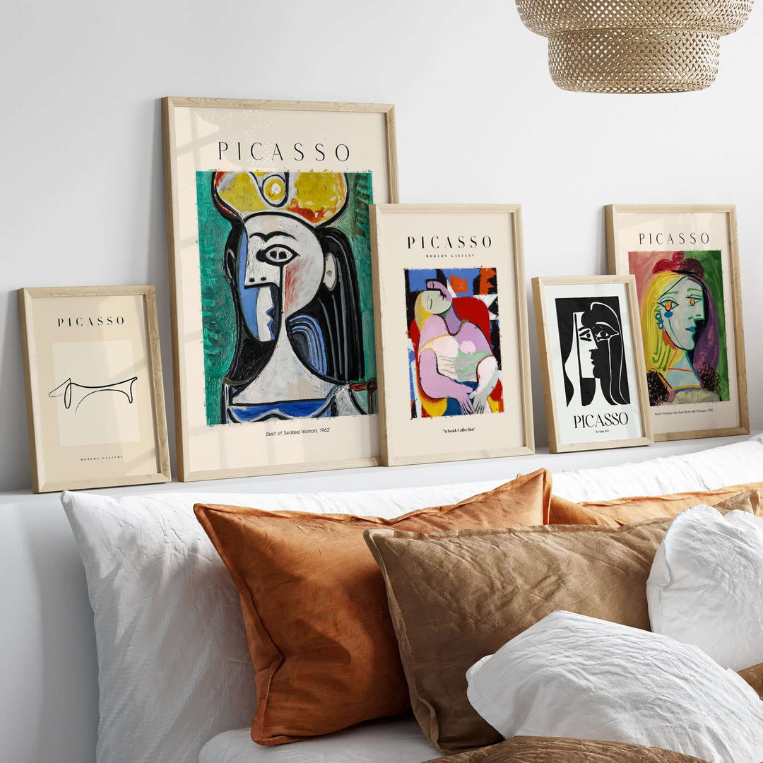 Gallery of Picasso art prints on display with framed portraits and contemporary decor elements.
