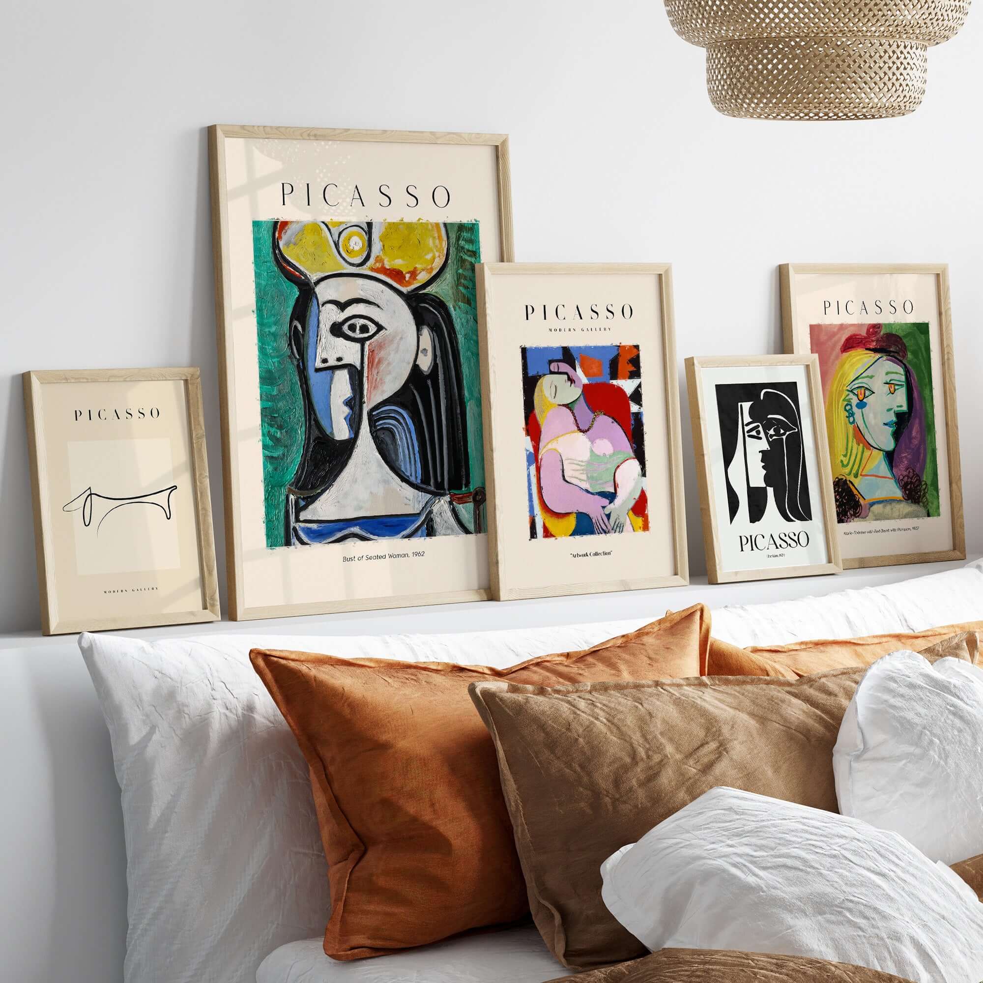 Picasso Bust Seated Woman 1962 Art Print Abstract Portrait Poster Colorful Wall Art displayed in a modern setting with other artworks.
