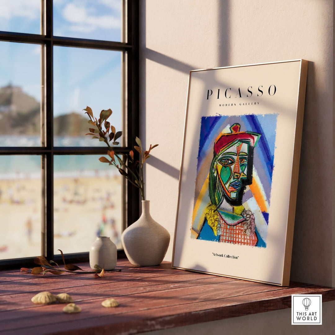 Colorful Cubist artwork featuring a Picasso-inspired bust portrait in a modern gallery setting by a window.