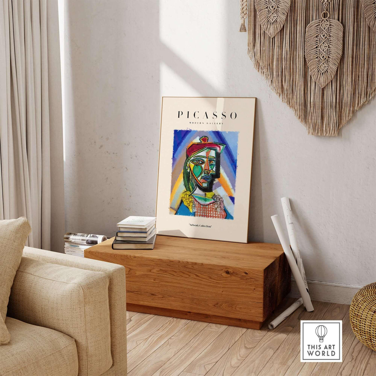 Picasso Bust Portrait Abstract Art Print Colorful Cubist Poster Artwork Collection displayed in modern living room.