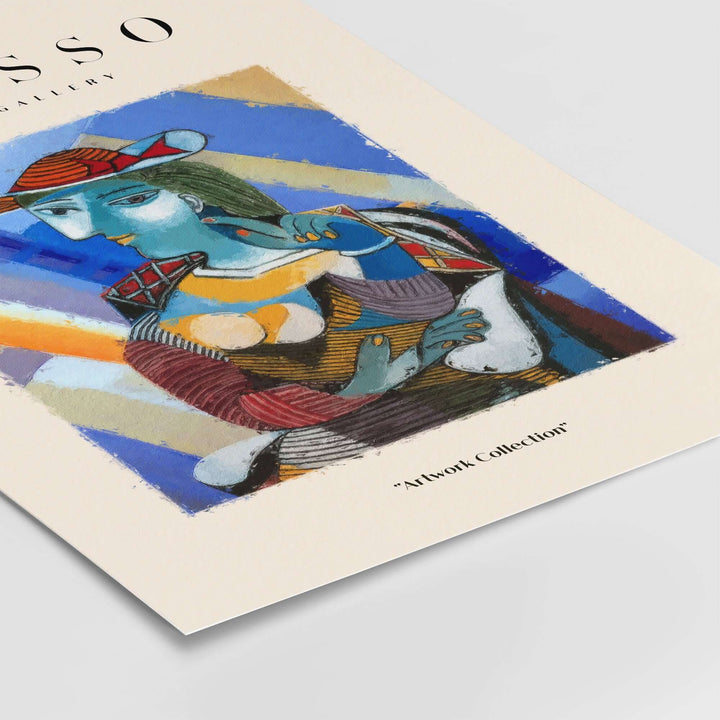 Colorful Cubist poster featuring abstract portrait of woman with a blue face and red hat, inspired by Picasso.