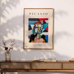 Picasso Woman Beret Abstract Portrait Art Print Colorful Cubist Poster Artwork Collection displayed on wall