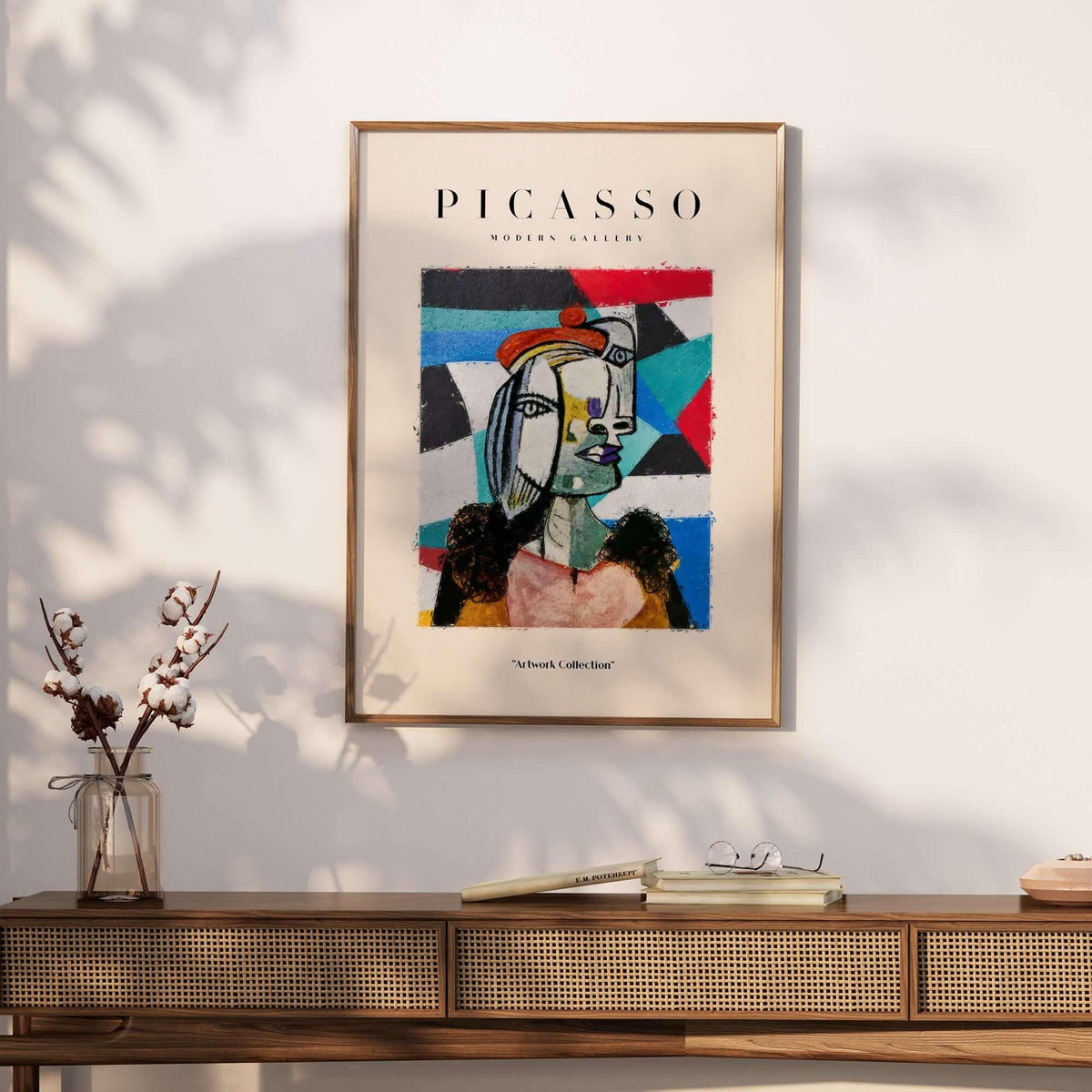 Picasso Woman Beret Abstract Portrait Art Print Colorful Cubist Poster Artwork Collection displayed on wall