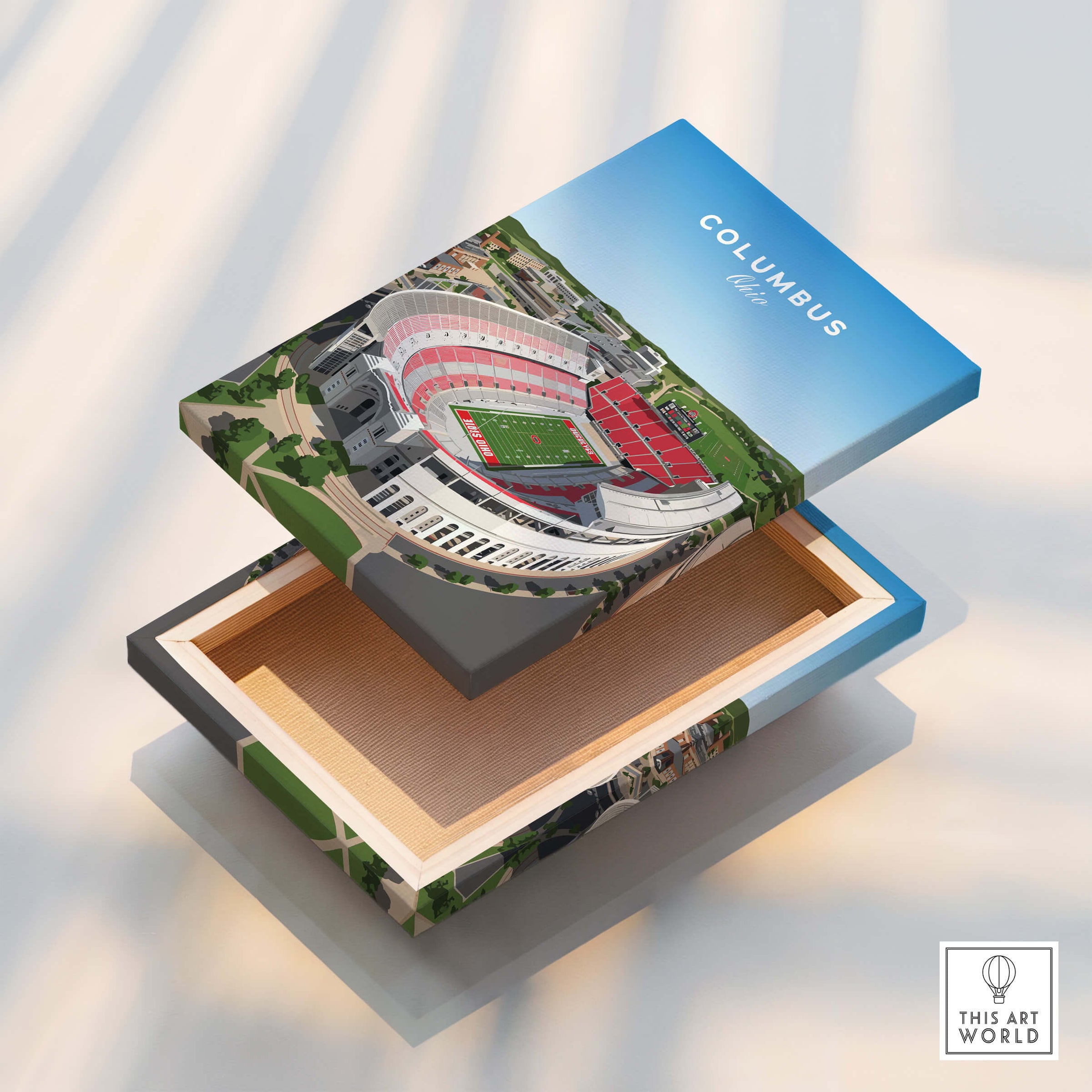 Columbus Ohio Travel Poster – Ohio State Stadium Art Print featuring an aerial view of Ohio State Stadium on a decorative box.