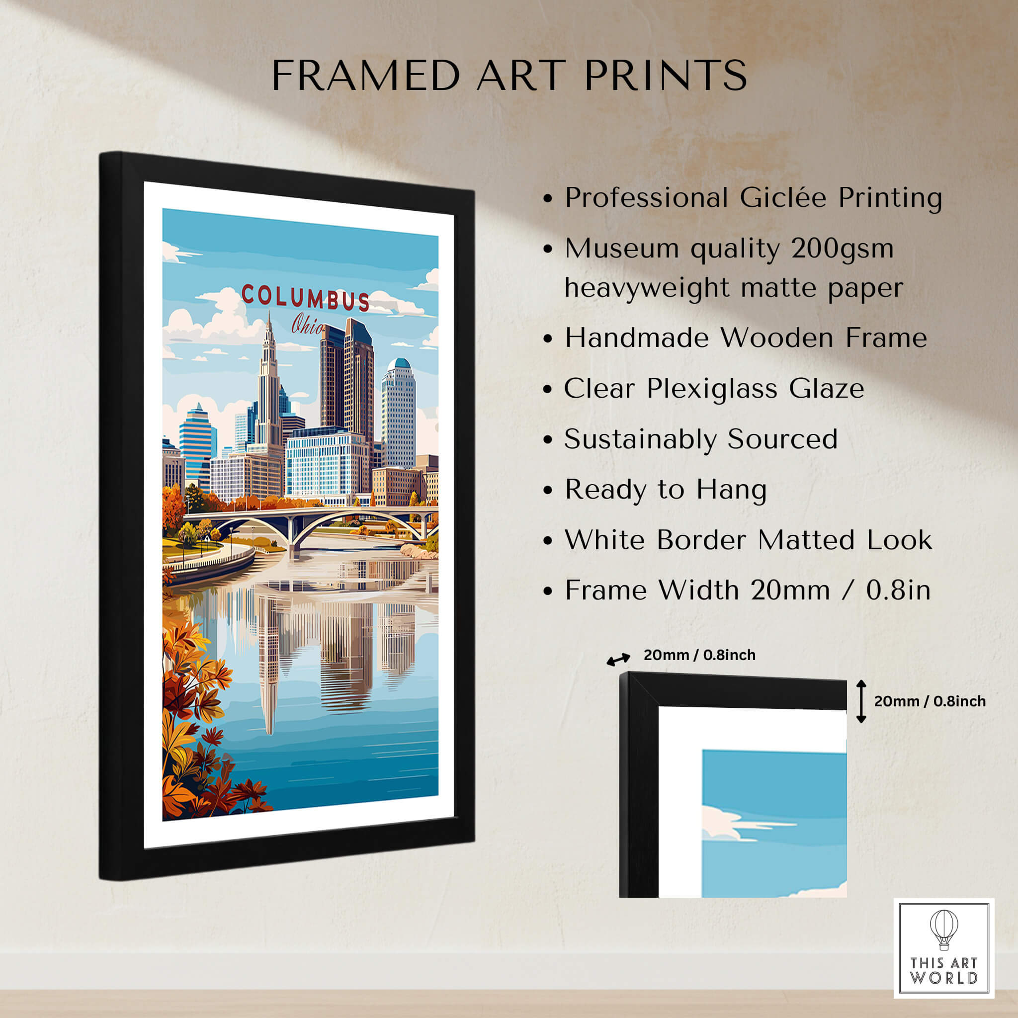 Columbus Ohio Travel Poster – City Skyline framed art print showcasing the vibrant city skyline and modern architecture.