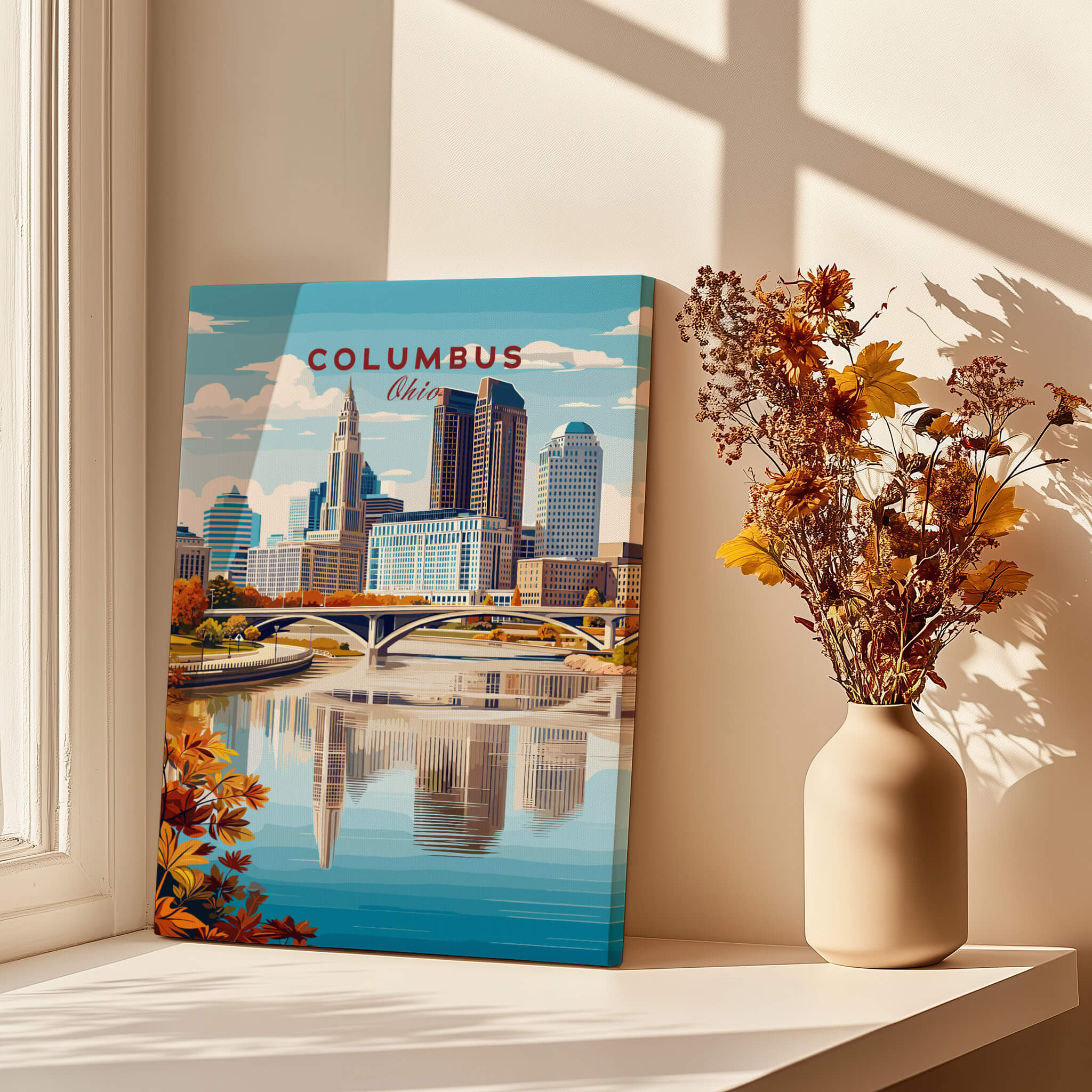 Columbus Ohio Travel Poster – City Skyline featuring modern architecture and reflections in a vibrant cityscape.