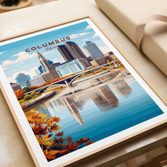 Columbus Ohio Travel Poster – City Skyline showcasing vibrant architecture and reflections on water.