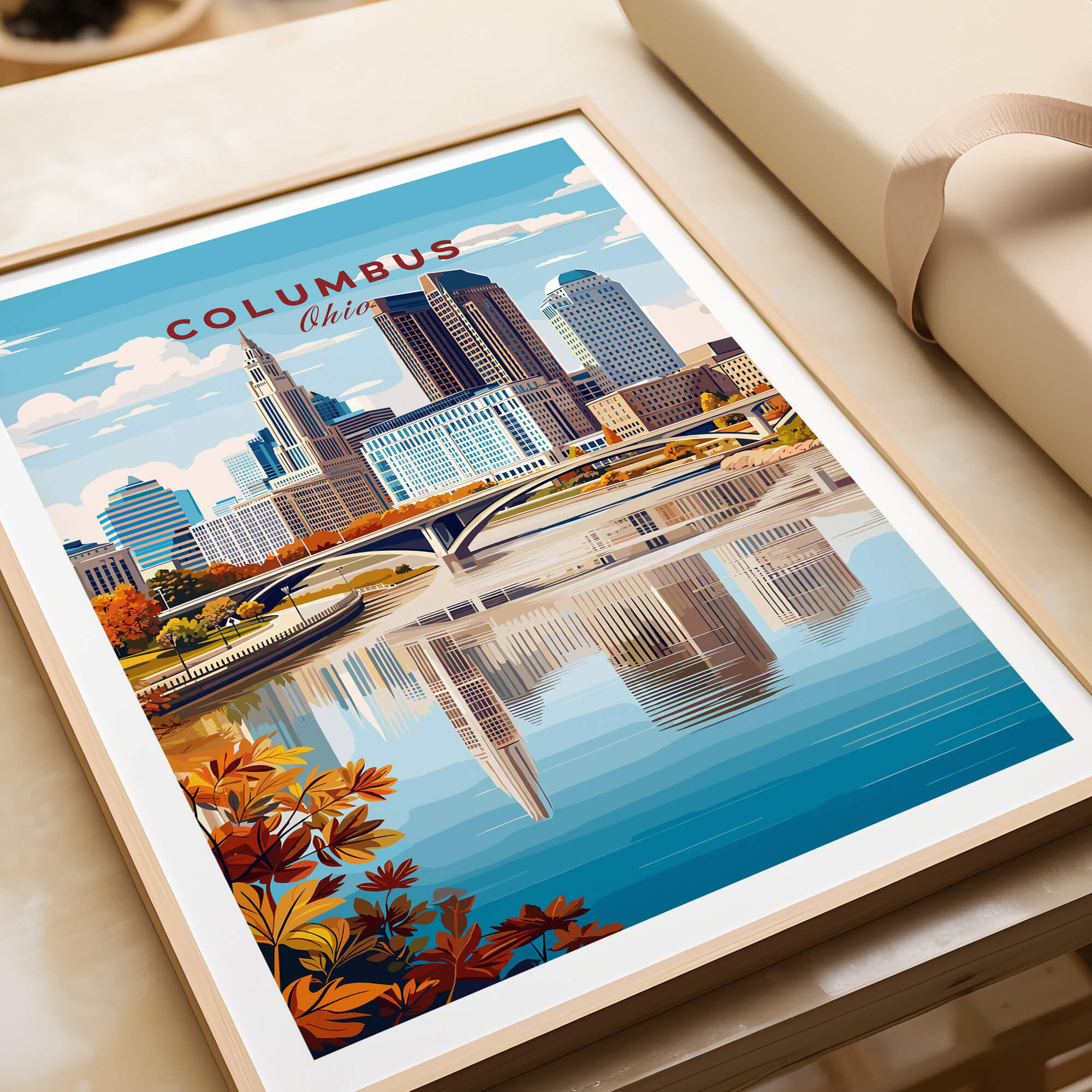 Columbus Ohio Travel Poster – City Skyline showcasing vibrant architecture and reflections on water.