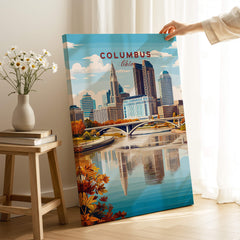 Columbus Ohio Travel Poster – City Skyline showcasing the beautiful skyline reflecting in the river with vibrant autumn colors.